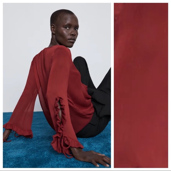 NWT. Zara Burgundy Wrap Ruffled Blouse. Size M. - Picture 3 of 6